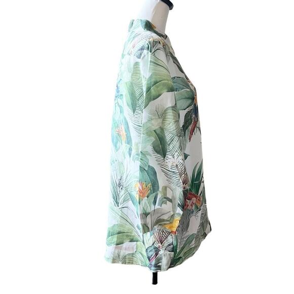 iLinen Lifestyle Parrot Tropical Linen Button Up Maxi Blouse Pockets White Sz L - Picture 2 of 10